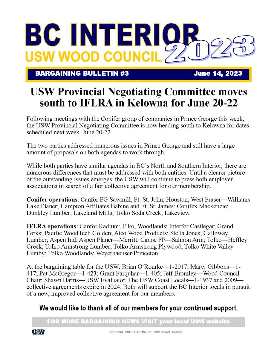 BC Interior Bargaining Bulletin #3 - June 14 2023