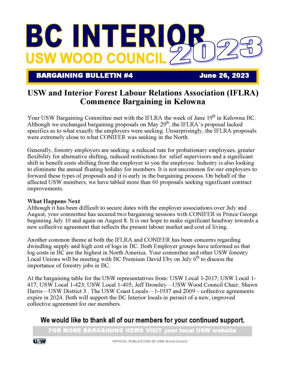BC Interior Bargaining Bulletin #4 - June 25 2023